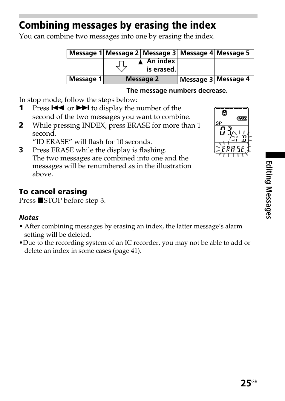 Combining messages by erasing the index | Sony ICD-B25 User Manual | Page 25 / 48