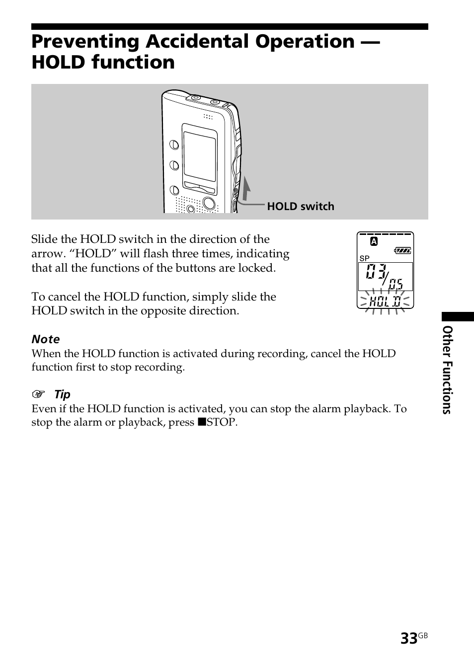 Preventing accidental operation — hold function | Sony ICD-B25 User Manual | Page 33 / 48