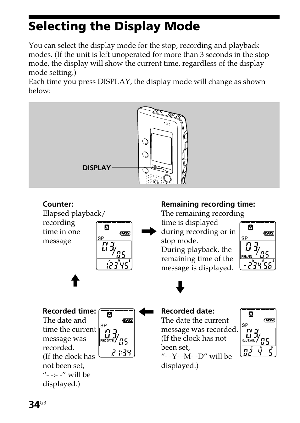 Selecting the display mode | Sony ICD-B25 User Manual | Page 34 / 48