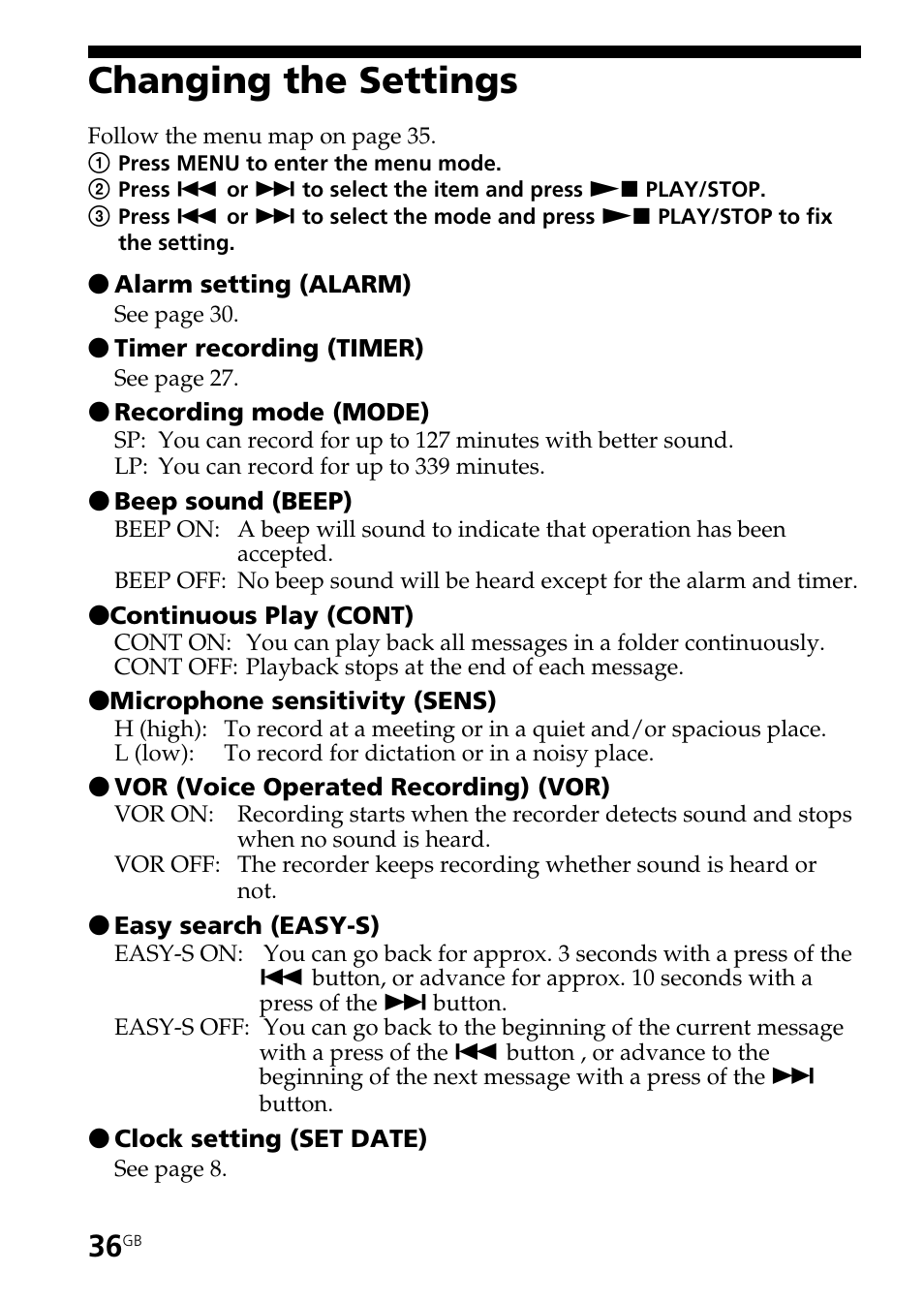 Changing the settings | Sony ICD-B25 User Manual | Page 36 / 48