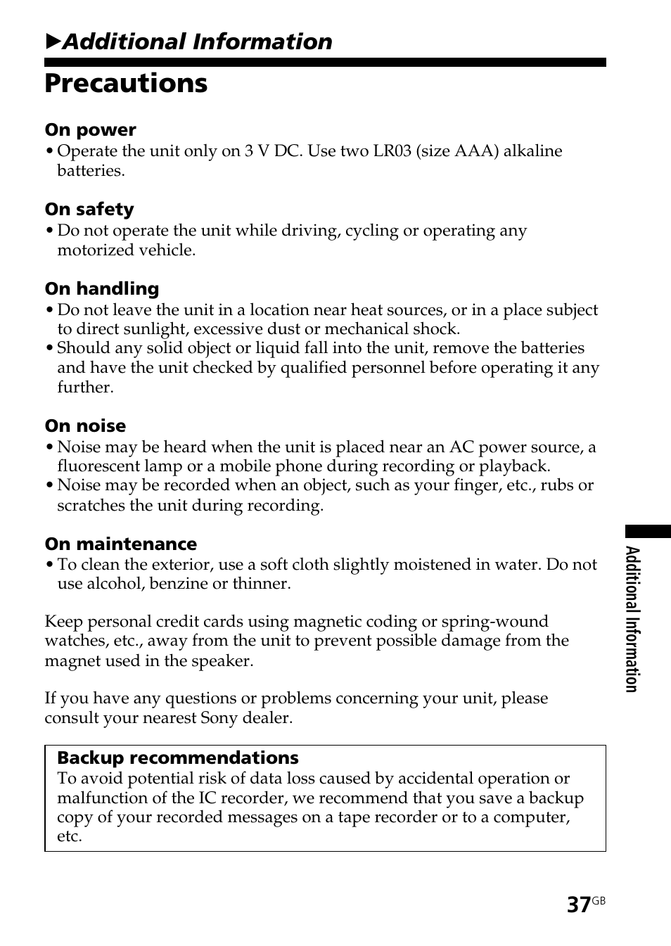 Additional information, Precautions, Badditional information | Sony ICD-B25 User Manual | Page 37 / 48