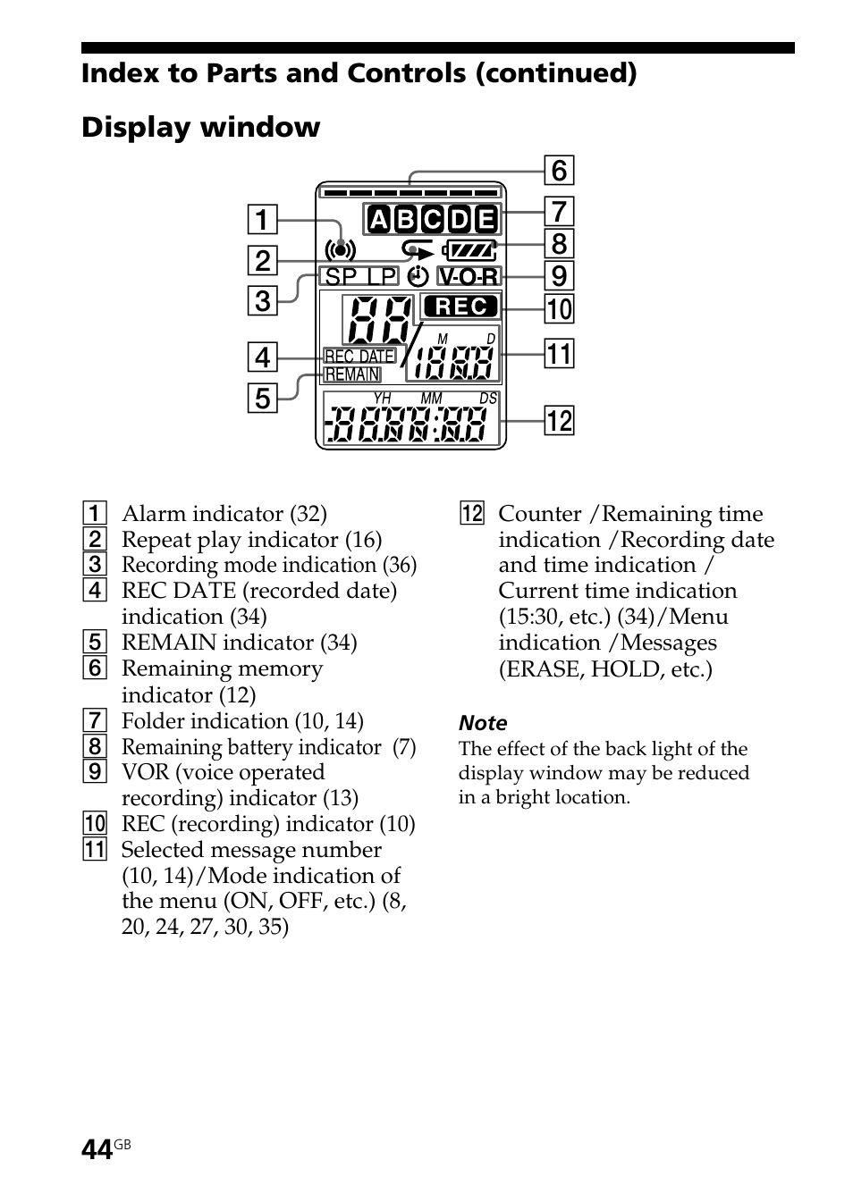 Display window | Sony ICD-B25 User Manual | Page 44 / 48
