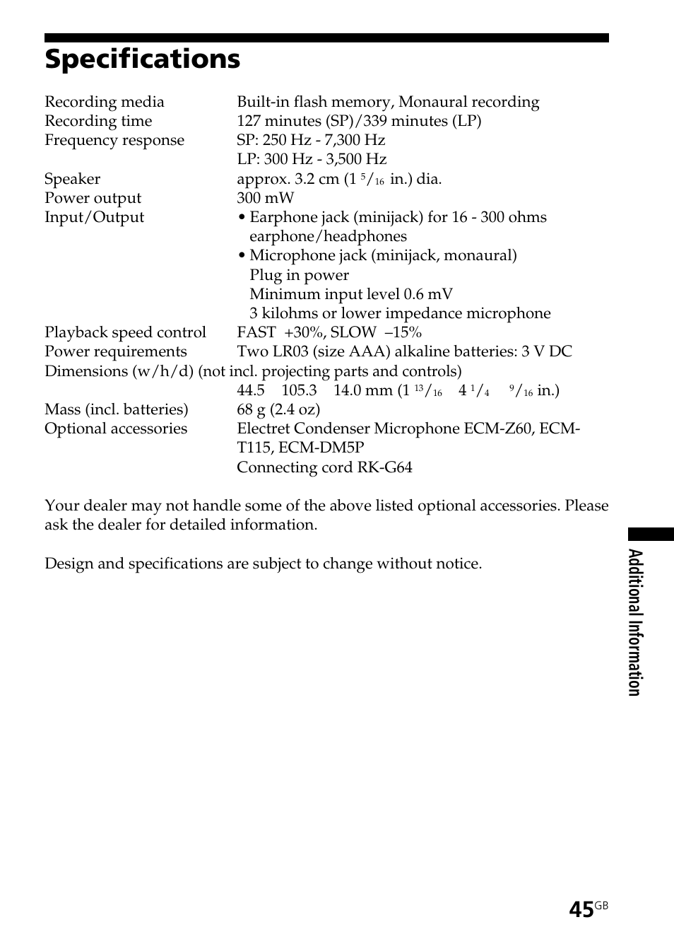 Specifications, Additional information | Sony ICD-B25 User Manual | Page 45 / 48