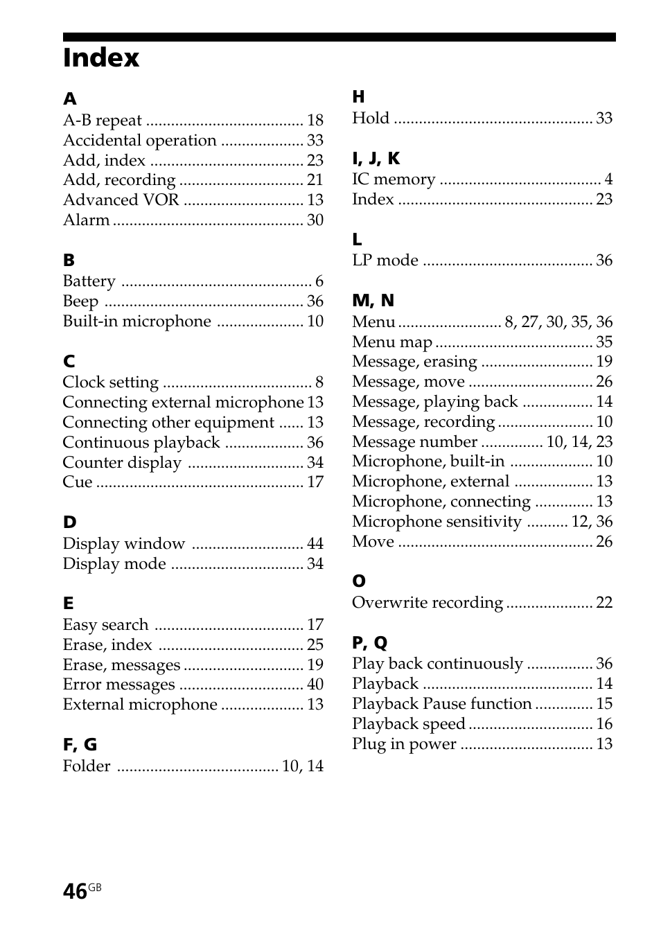 Index | Sony ICD-B25 User Manual | Page 46 / 48