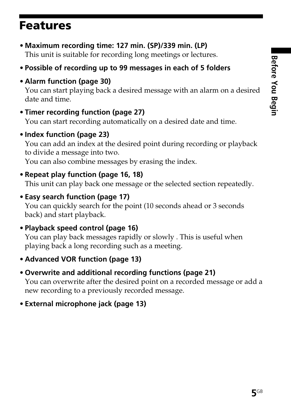 Features | Sony ICD-B25 User Manual | Page 5 / 48