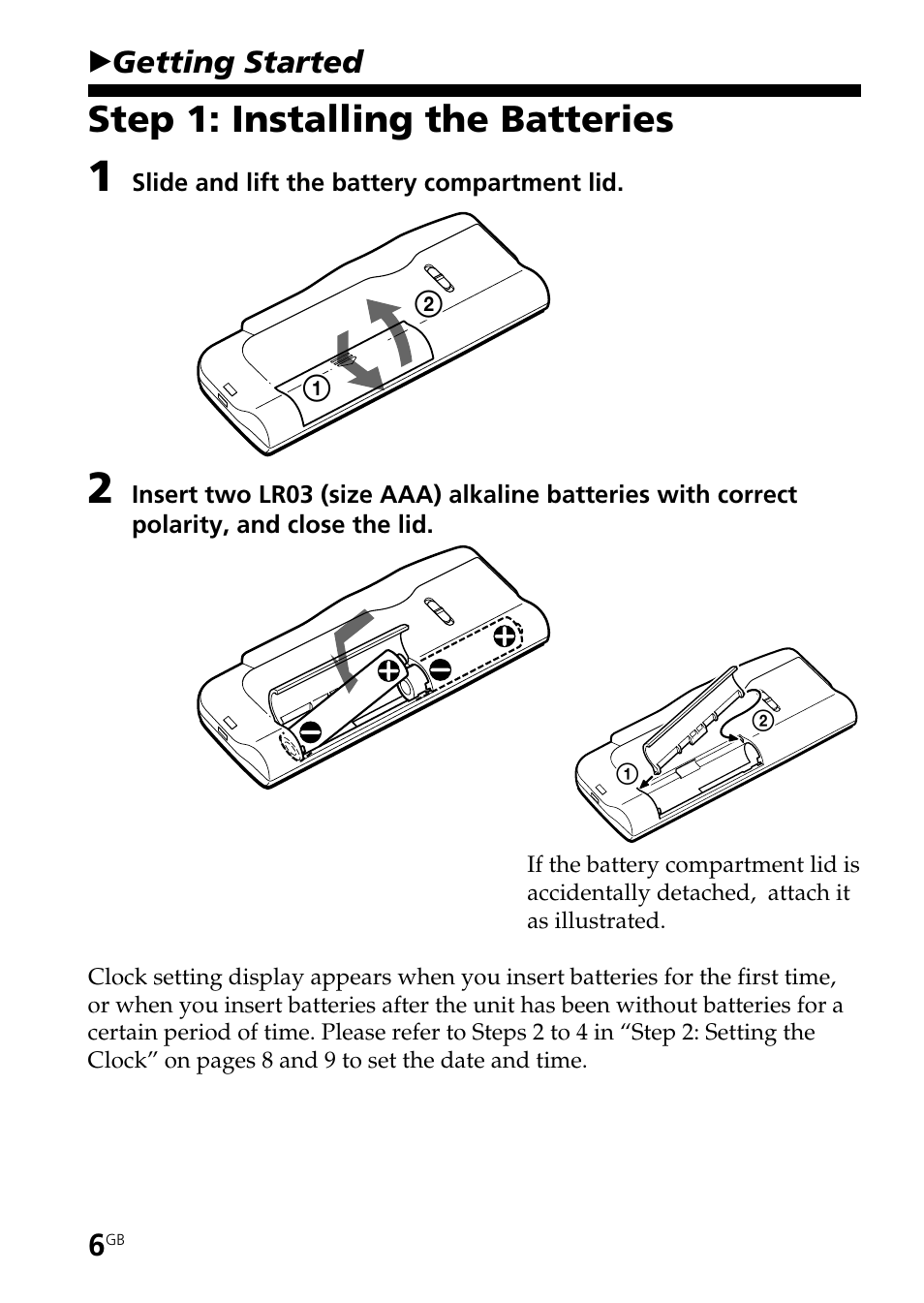 Getting started, Step 1: installing the batteries | Sony ICD-B25 User Manual | Page 6 / 48