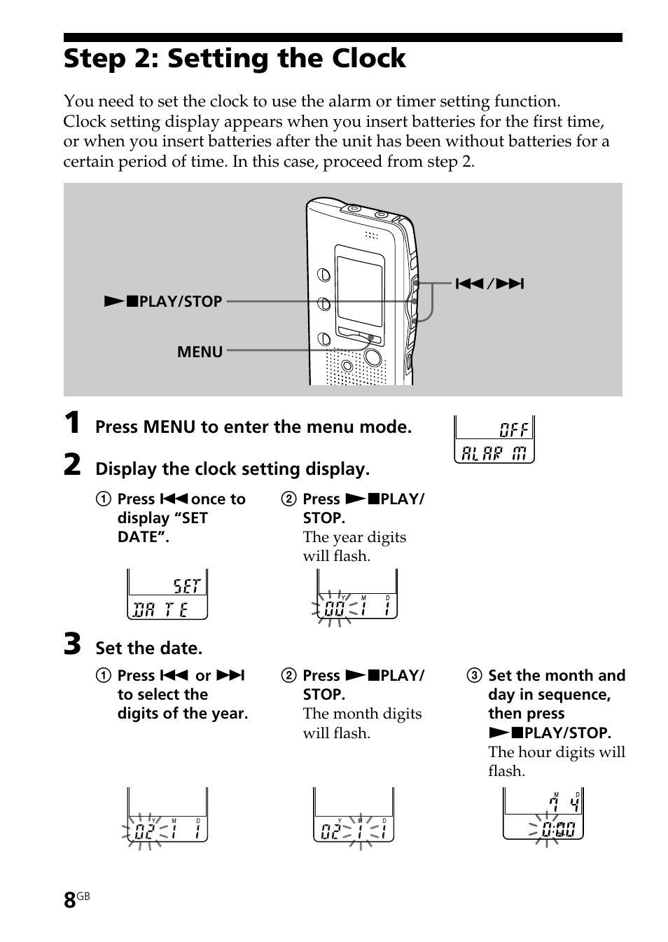 Step 2: setting the clock | Sony ICD-B25 User Manual | Page 8 / 48