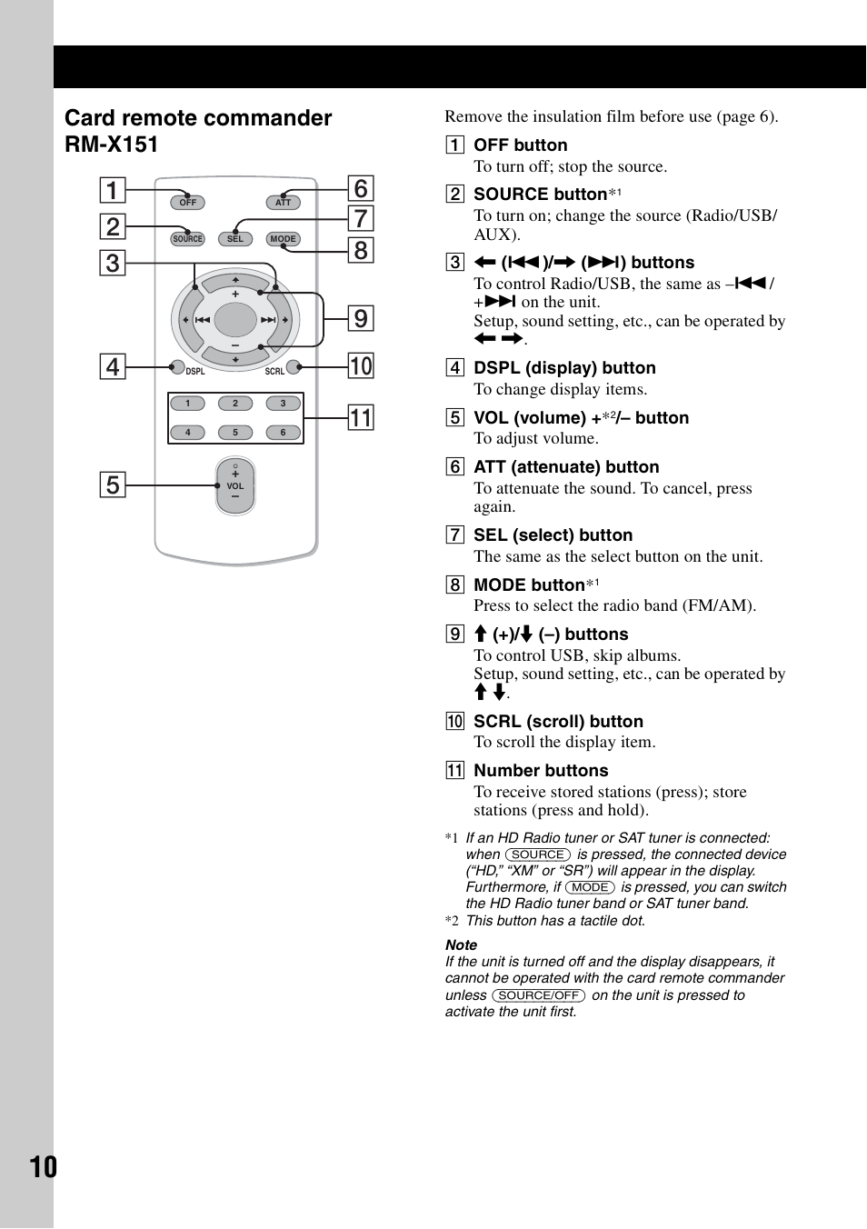 Card remote commander rm-x151 | Sony DSX-MS60 User Manual | Page 10 / 80