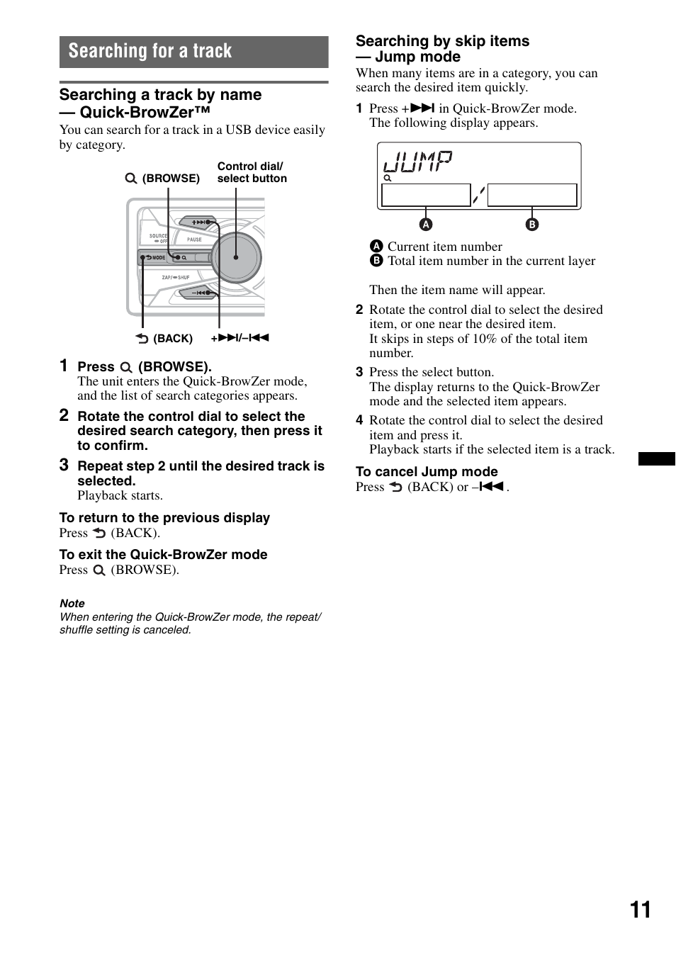 Searching for a track, Searching a track by name - quick-browzer, Searching a track by name — quick-browzer | Sony DSX-MS60 User Manual | Page 11 / 80