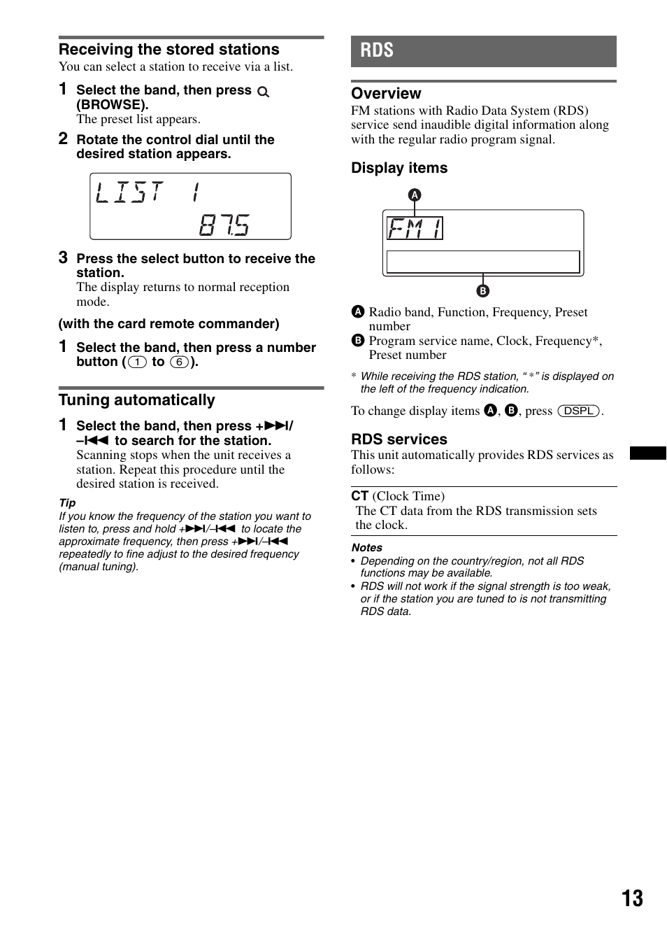 Receiving the stored stations, Tuning automatically, Overview | Receiving the stored stations tuning automatically | Sony DSX-MS60 User Manual | Page 13 / 80