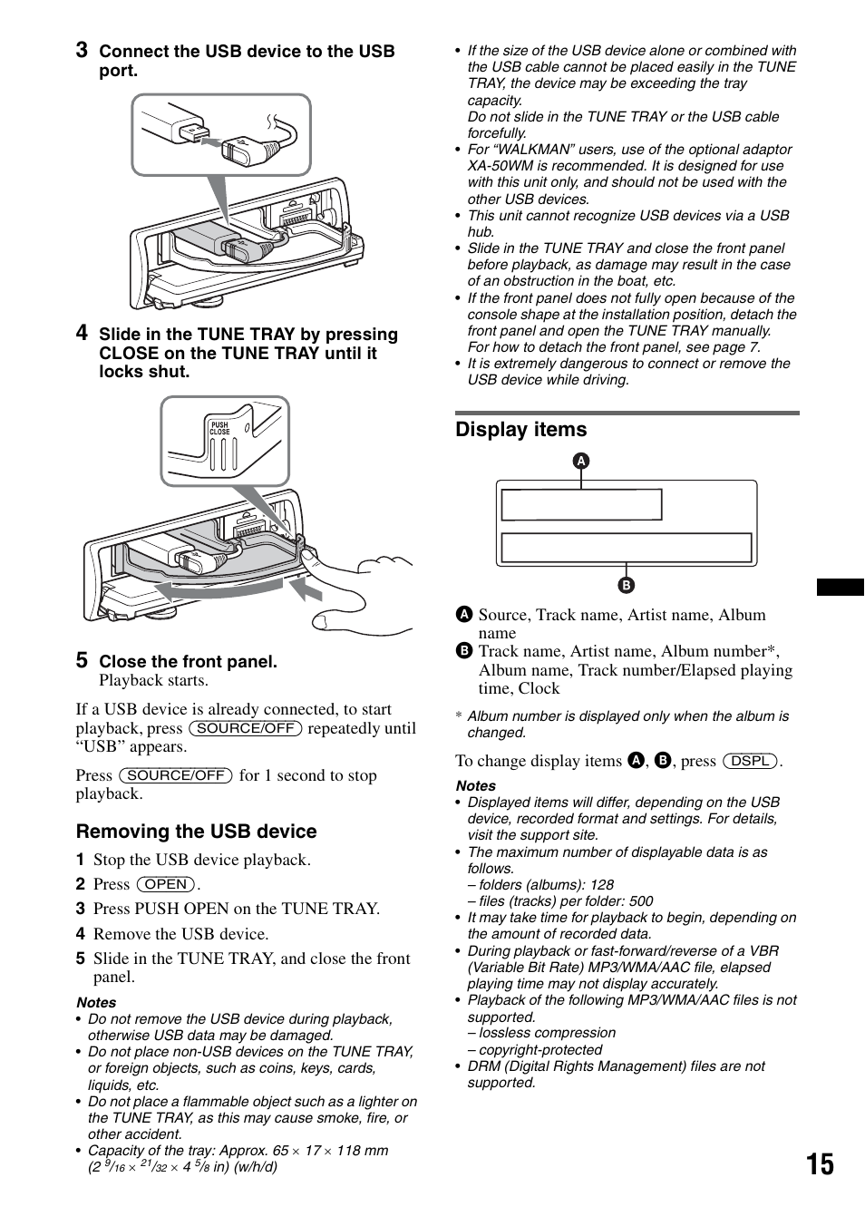 Display items, Removing the usb device | Sony DSX-MS60 User Manual | Page 15 / 80