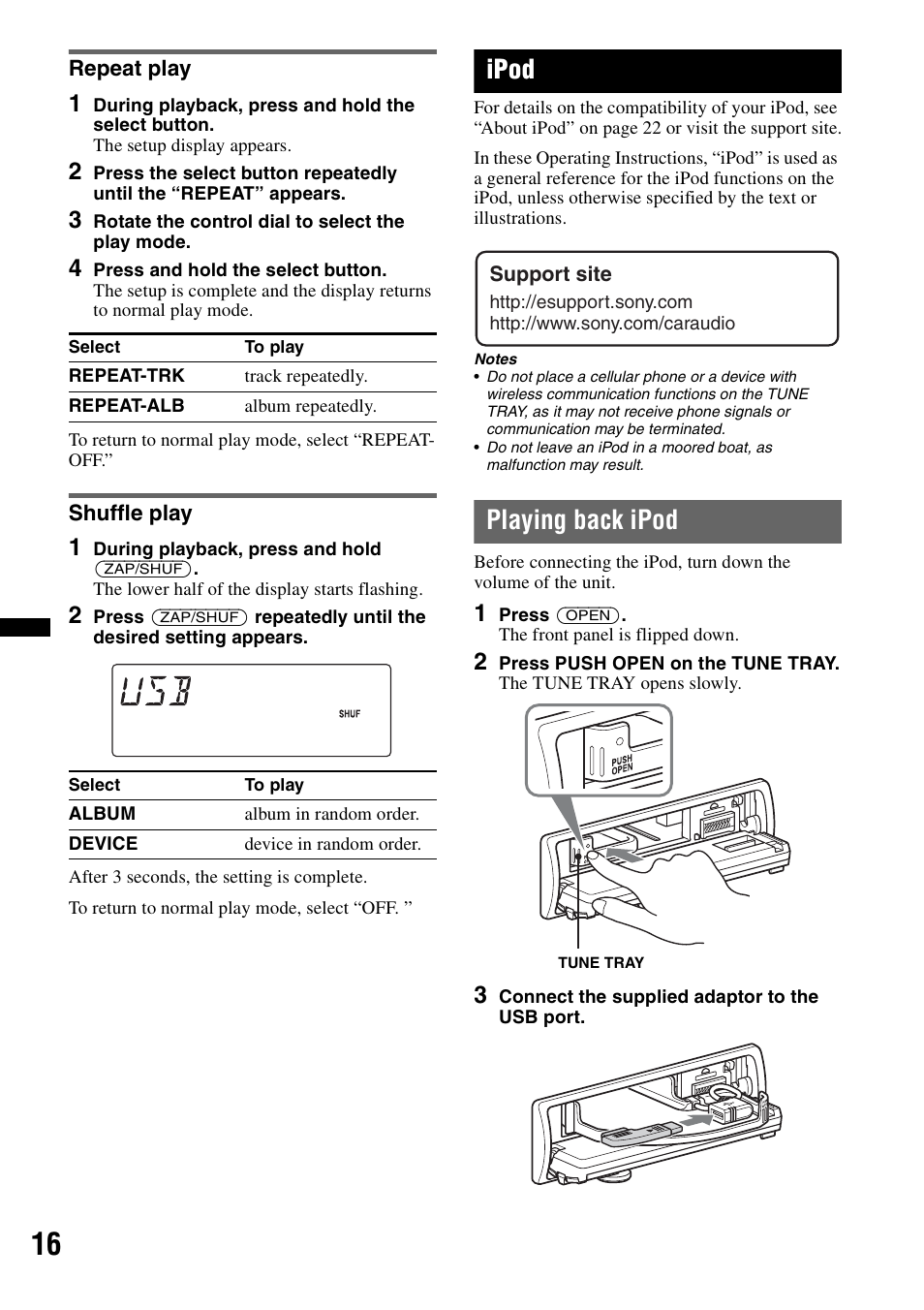 Repeat play, Shuffle play, Ipod | Playing back ipod, Repeat play shuffle play | Sony DSX-MS60 User Manual | Page 16 / 80