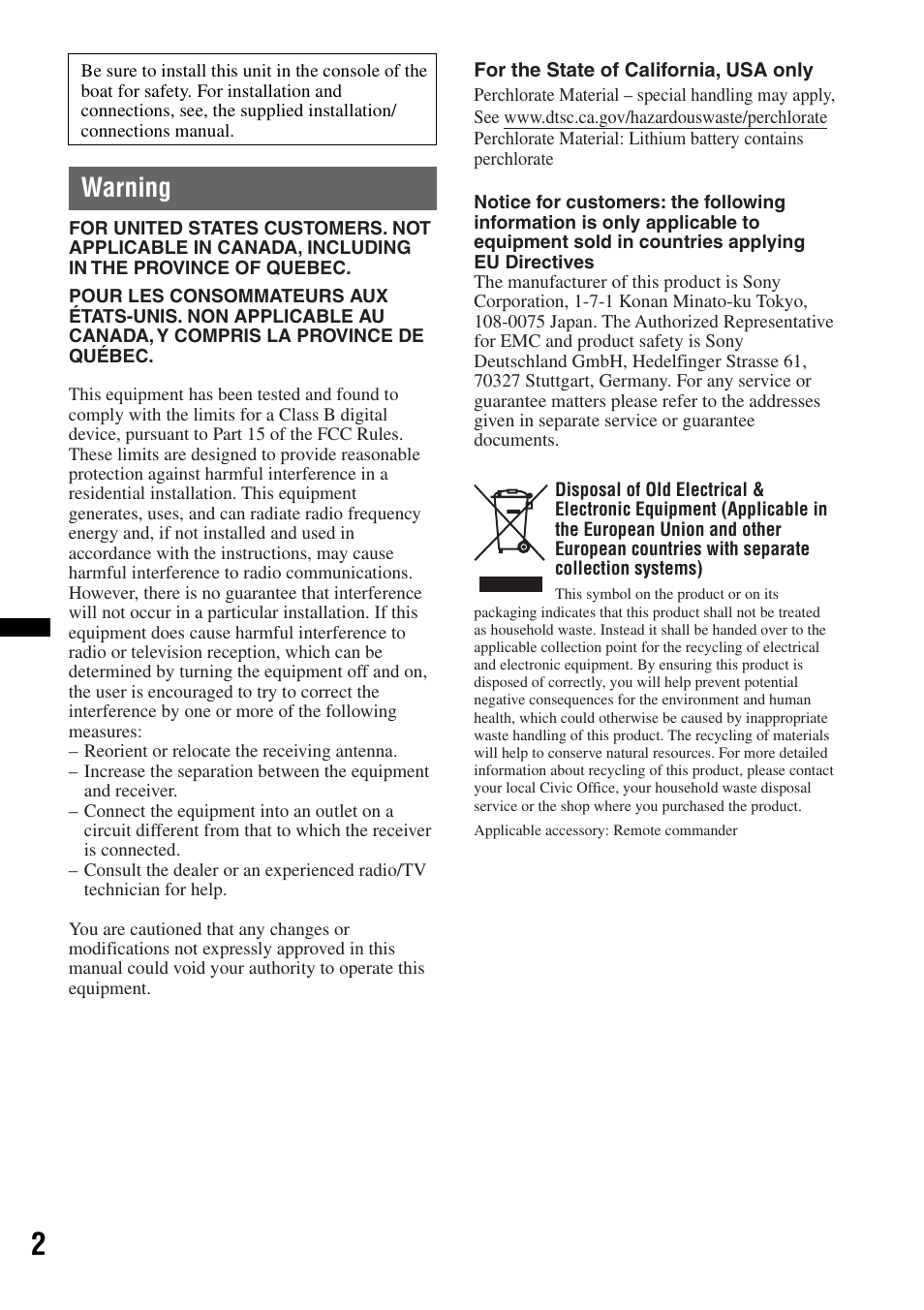 Warning | Sony DSX-MS60 User Manual | Page 2 / 80