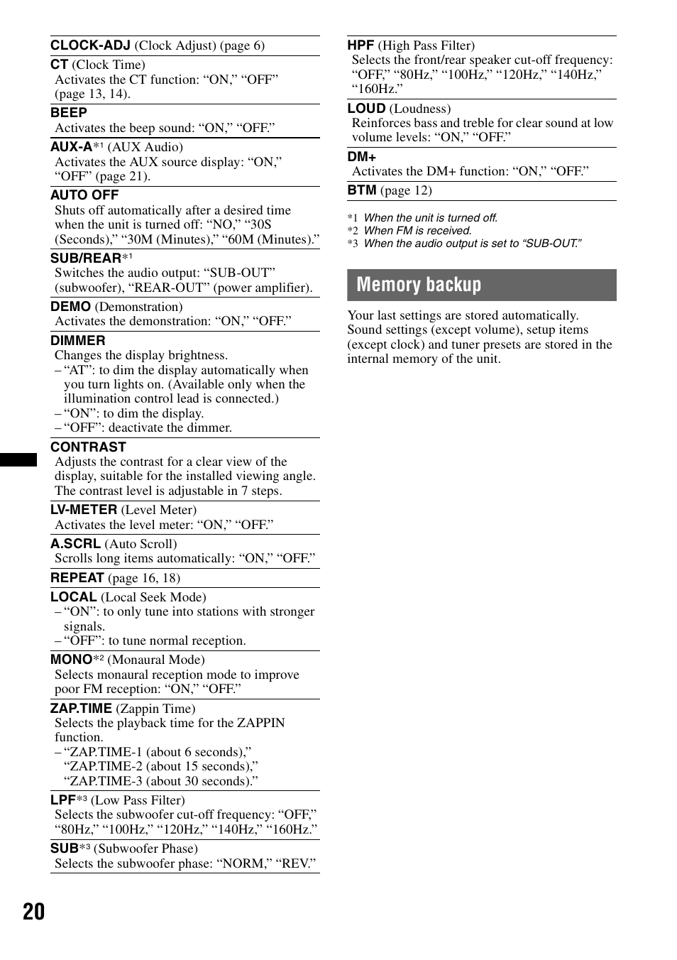 Memory backup | Sony DSX-MS60 User Manual | Page 20 / 80
