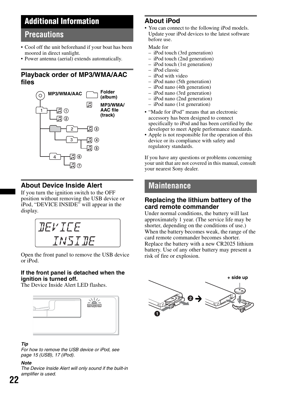 Additional information, Precautions, Playback order of mp3/wma/aac files | About device inside alert, About ipod, Maintenance, Additional information precautions | Sony DSX-MS60 User Manual | Page 22 / 80