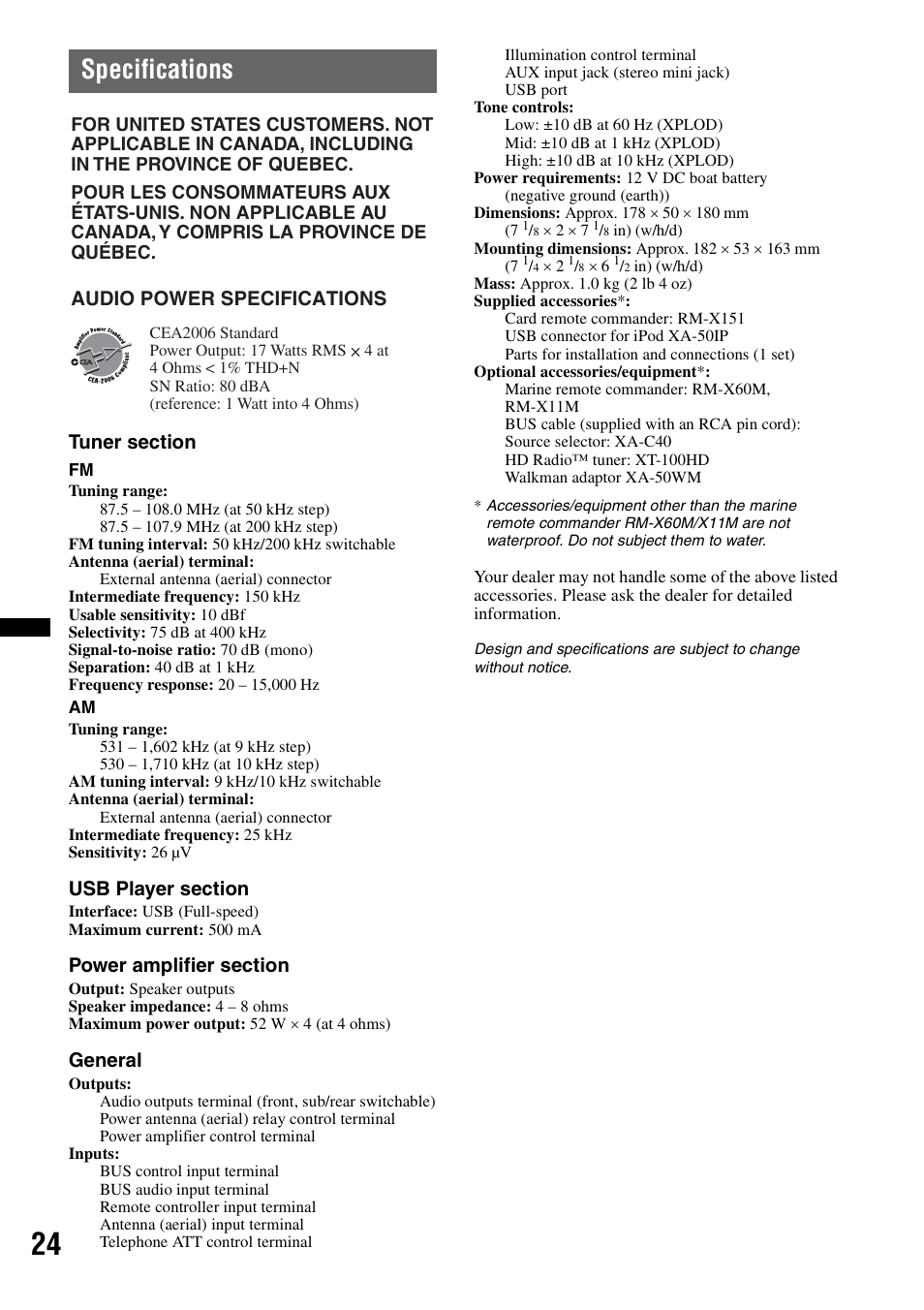 Specifications, General, Audio power specifications | Sony DSX-MS60 User Manual | Page 24 / 80