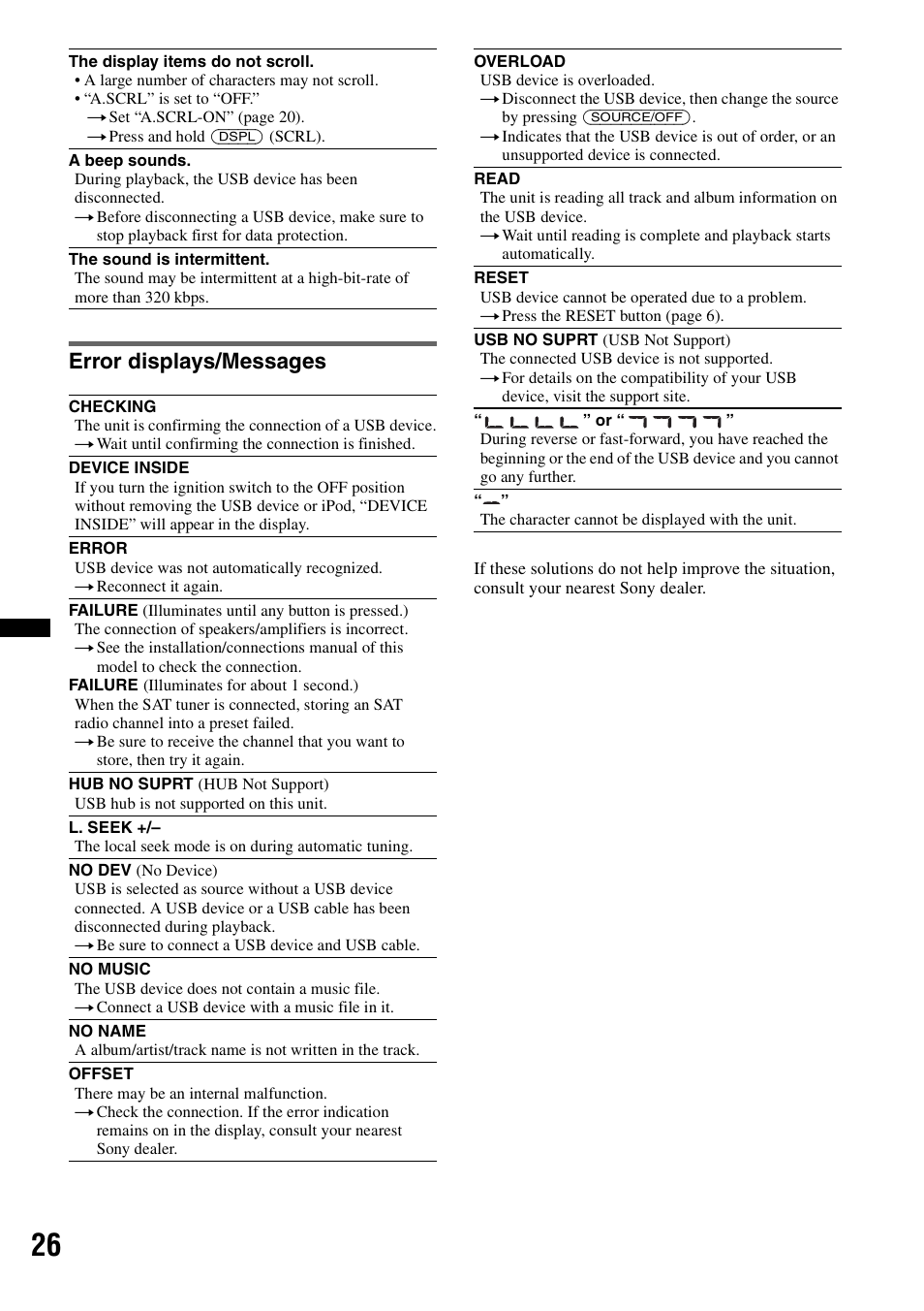 Error displays/messages | Sony DSX-MS60 User Manual | Page 26 / 80