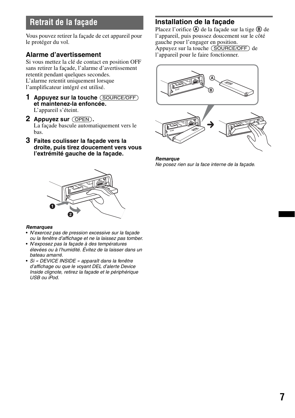 Retrait de la façade, Installation de la façade | Sony DSX-MS60 User Manual | Page 33 / 80