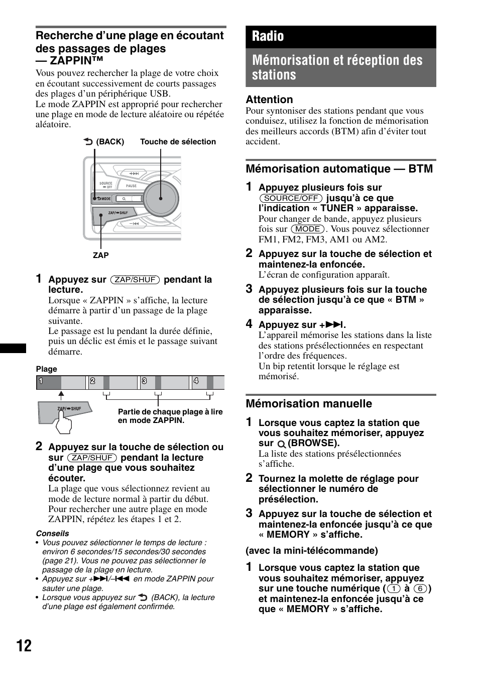 Radio, Mémorisation et réception des stations, Mémorisation automatique - btm | Mémorisation manuelle, Radio mémorisation et réception des stations | Sony DSX-MS60 User Manual | Page 38 / 80