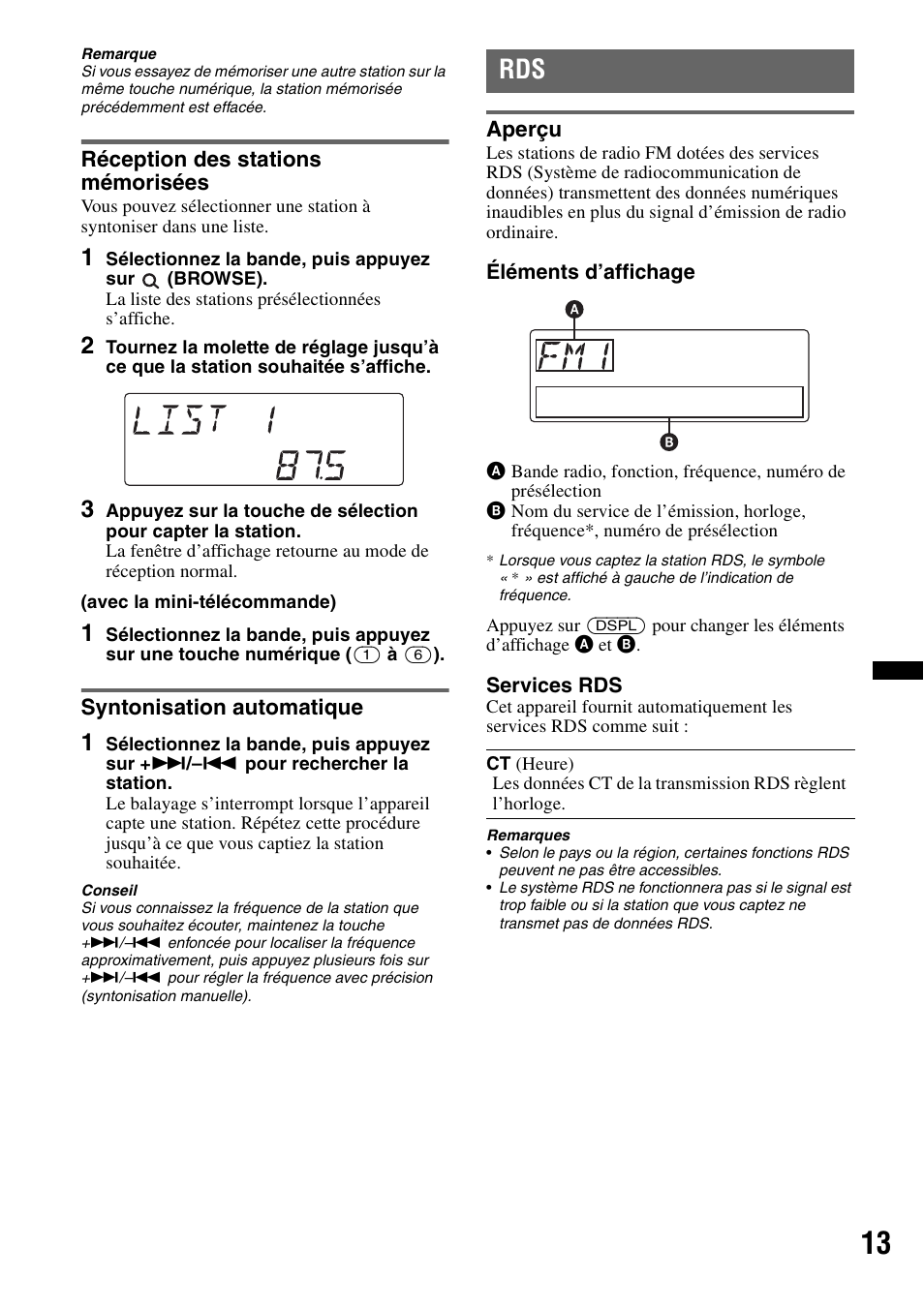 Réception des stations mémorisées, Syntonisation automatique, Aperçu | Sony DSX-MS60 User Manual | Page 39 / 80