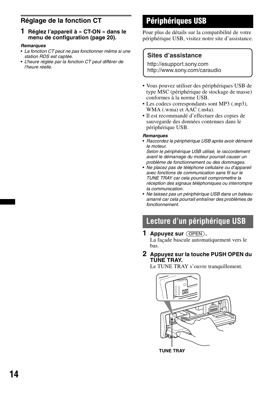 Réglage de la fonction ct, Périphériques usb, Lecture d’un périphérique usb | Sony DSX-MS60 User Manual | Page 40 / 80