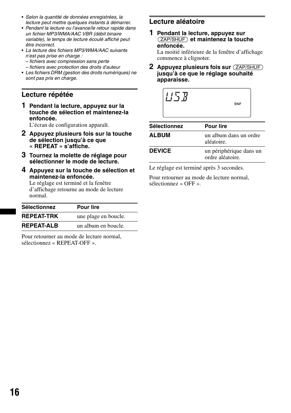 Lecture répétée, Lecture aléatoire, Lecture répétée lecture aléatoire | Sony DSX-MS60 User Manual | Page 42 / 80