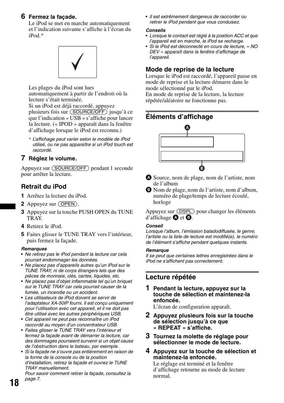 Éléments d’affichage, Lecture répétée, Éléments d’affichage lecture répétée | Sony DSX-MS60 User Manual | Page 44 / 80