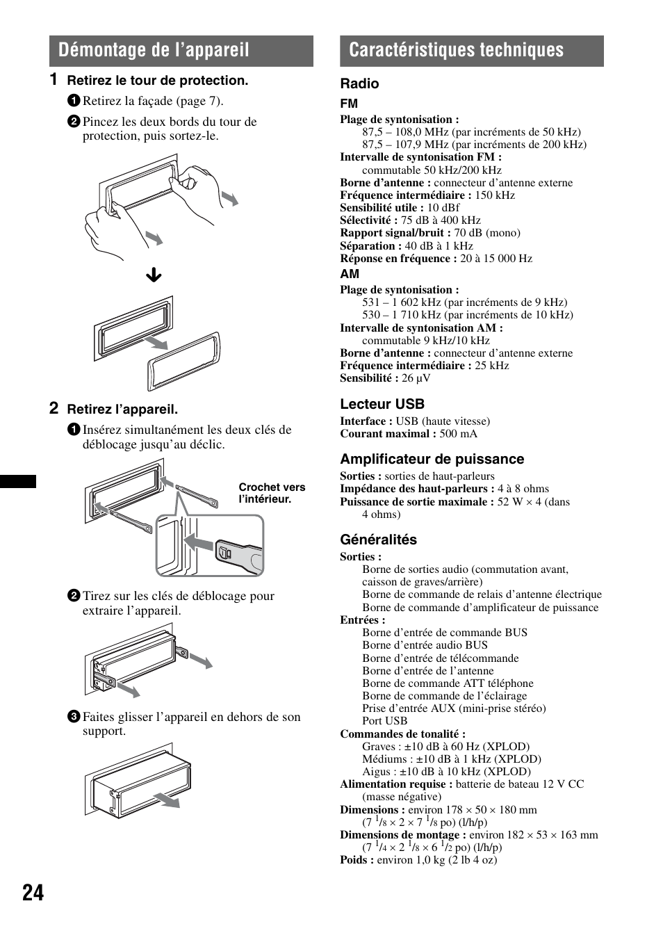 Démontage de l’appareil, Caractéristiques techniques | Sony DSX-MS60 User Manual | Page 50 / 80