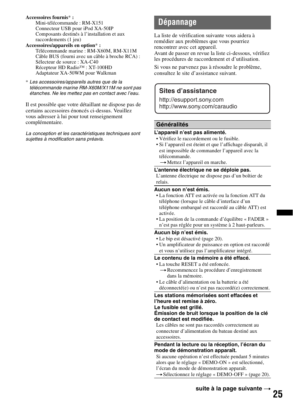 Dépannage, Sites d’assistance | Sony DSX-MS60 User Manual | Page 51 / 80
