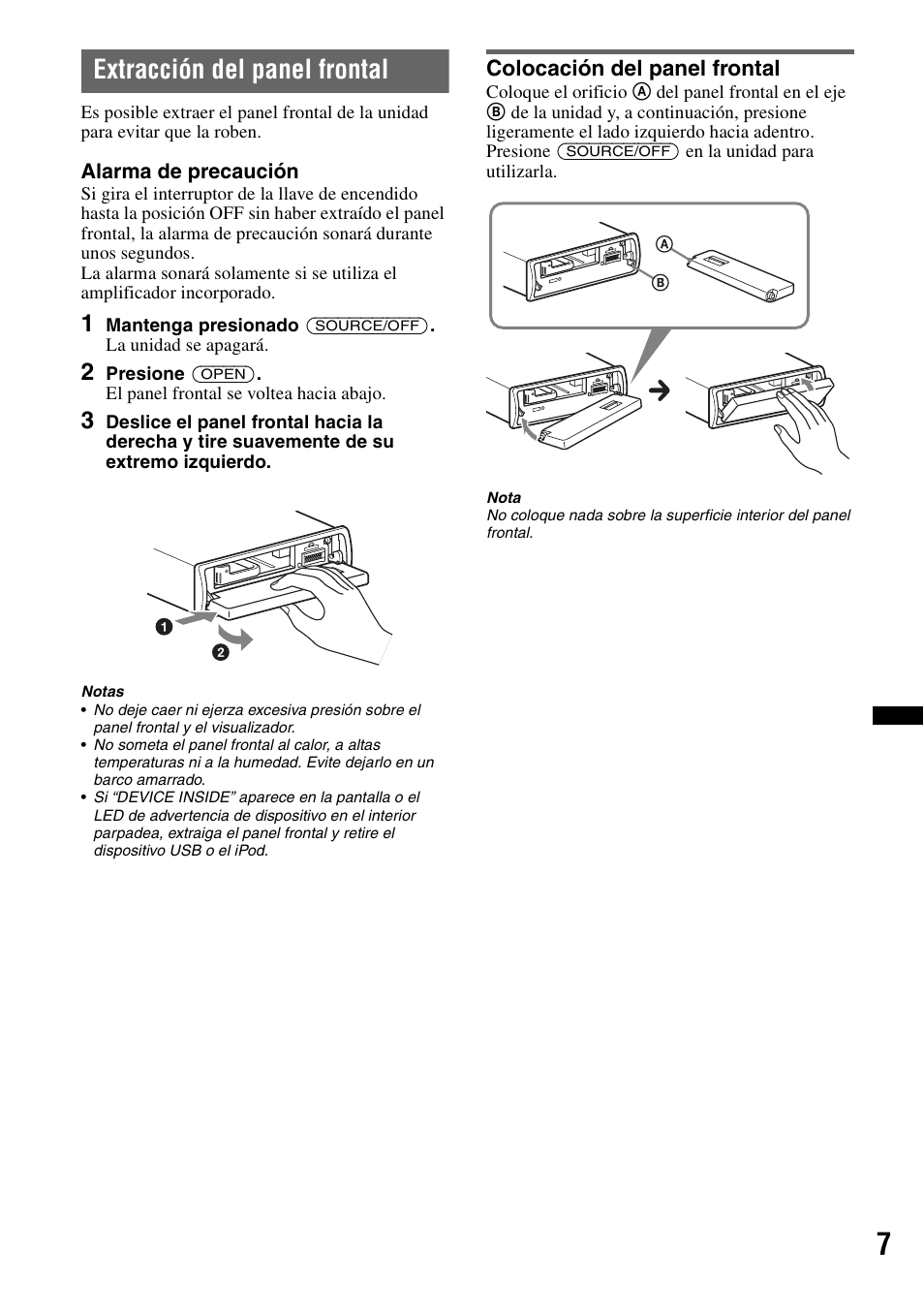 Extracción del panel frontal, Colocación del panel frontal | Sony DSX-MS60 User Manual | Page 59 / 80