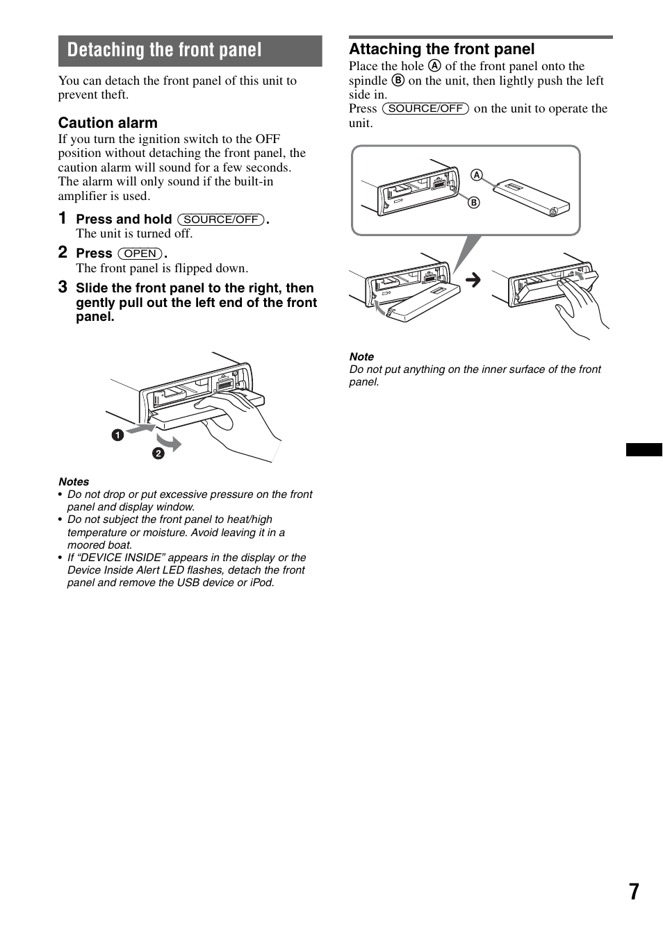 Detaching the front panel, Attaching the front panel | Sony DSX-MS60 User Manual | Page 7 / 80