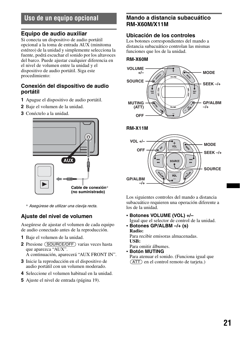 Uso de un equipo opcional, Equipo de audio auxiliar, Mando a distancia subacuático rm-x60m/x11m | Sony DSX-MS60 User Manual | Page 73 / 80