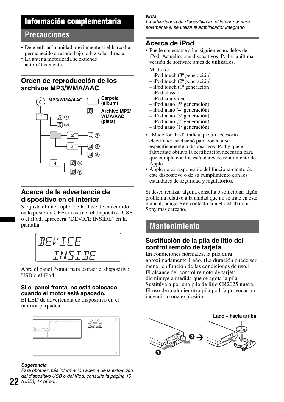 Información complementaria, Precauciones, Orden de reproducción de los archivos mp3/wma/aac | Acerca de ipod, Mantenimiento, Información complementaria precauciones | Sony DSX-MS60 User Manual | Page 74 / 80