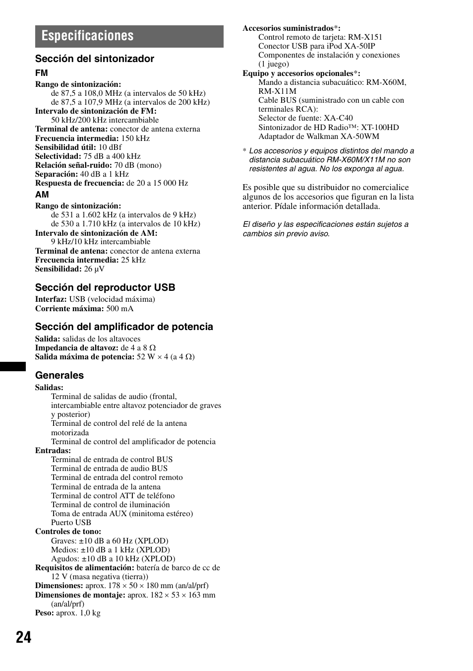 Especificaciones | Sony DSX-MS60 User Manual | Page 76 / 80