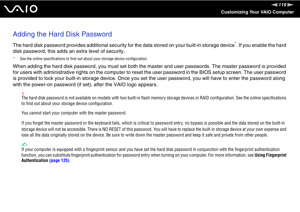 Adding the hard disk password | Sony VGN-TT190EIN User Manual | Page 119 / 242