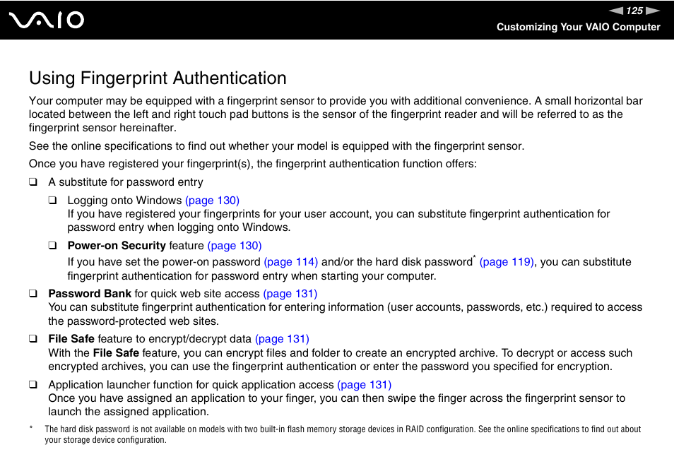 Using fingerprint authentication | Sony VGN-TT190EIN User Manual | Page 125 / 242