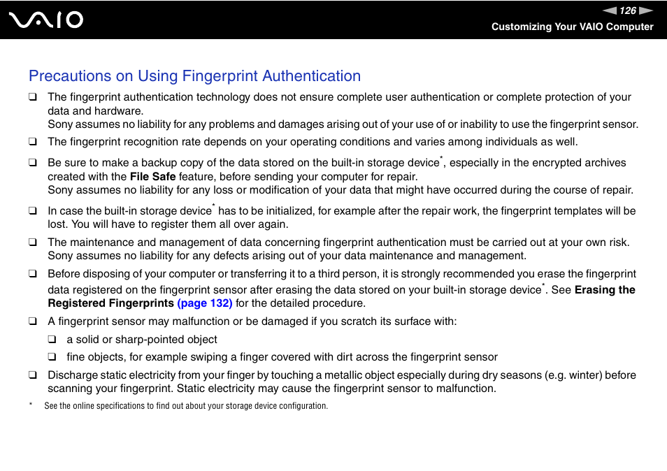 Precautions on using fingerprint authentication | Sony VGN-TT190EIN User Manual | Page 126 / 242