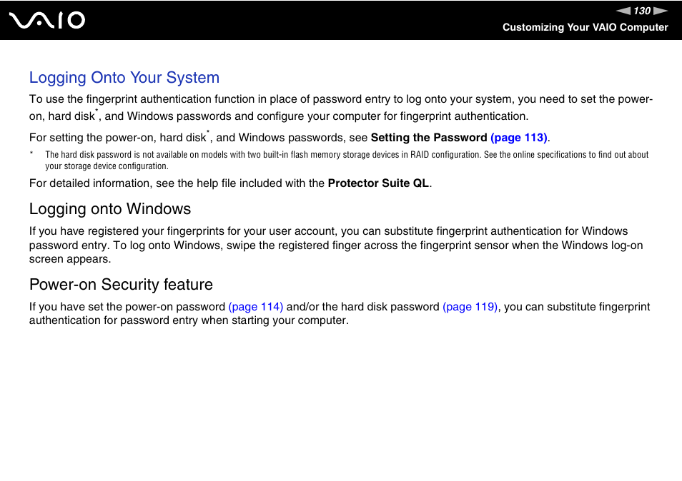 Logging onto your system, Logging onto windows, Power-on security feature | Sony VGN-TT190EIN User Manual | Page 130 / 242