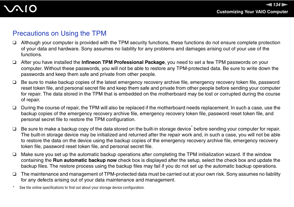 Precautions on using the tpm | Sony VGN-TT190EIN User Manual | Page 134 / 242