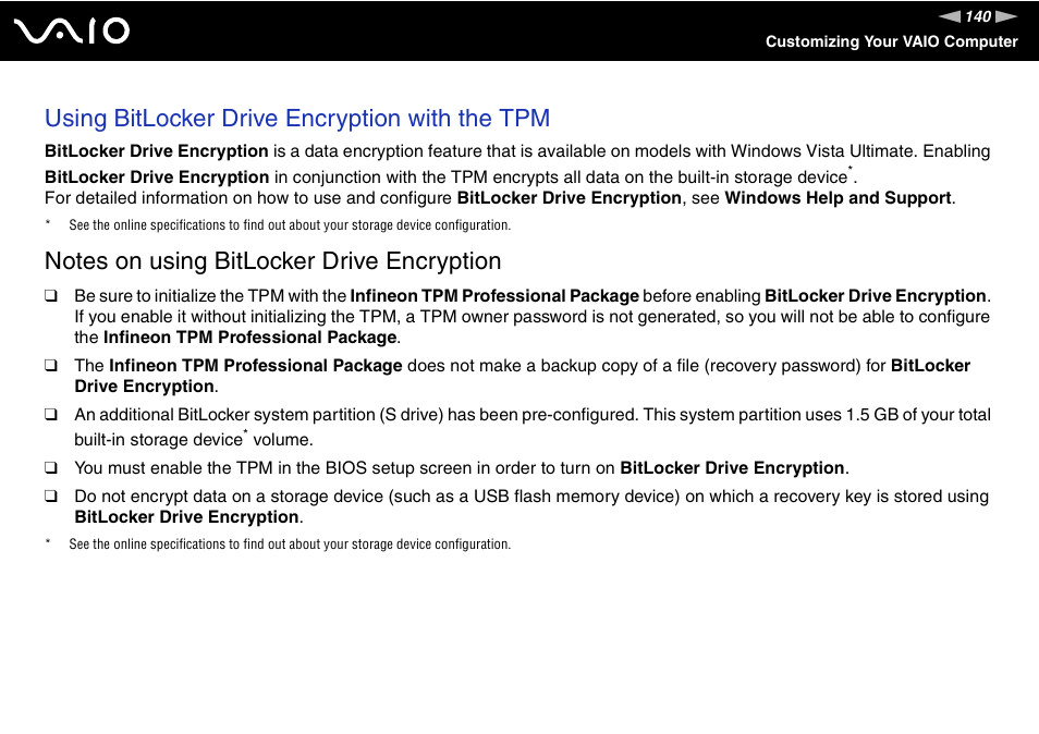 Using bitlocker drive encryption with the tpm | Sony VGN-TT190EIN User Manual | Page 140 / 242