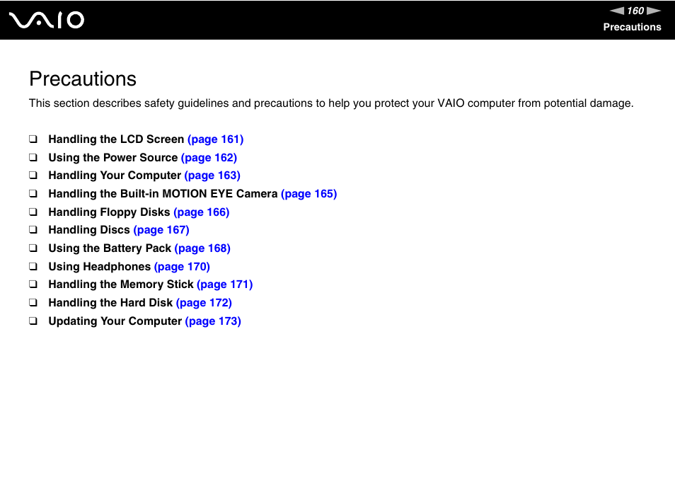 Precautions | Sony VGN-TT190EIN User Manual | Page 160 / 242