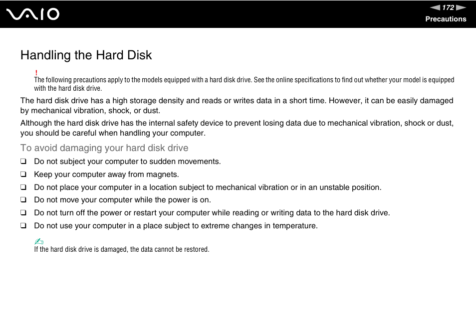 Handling the hard disk | Sony VGN-TT190EIN User Manual | Page 172 / 242