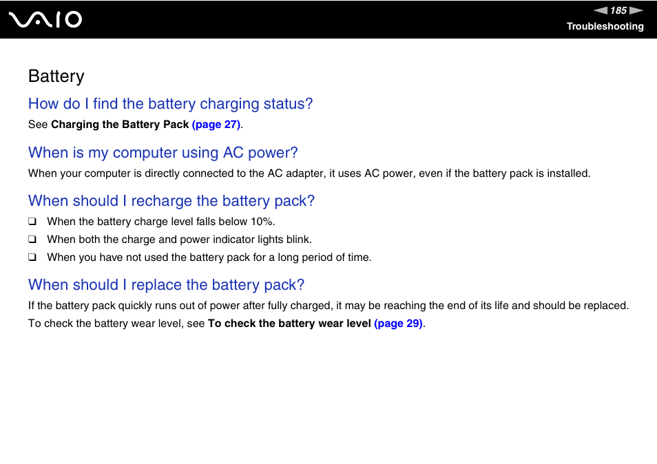 Battery, How do i find the battery charging status, When is my computer using ac power | When should i recharge the battery pack, When should i replace the battery pack | Sony VGN-TT190EIN User Manual | Page 185 / 242