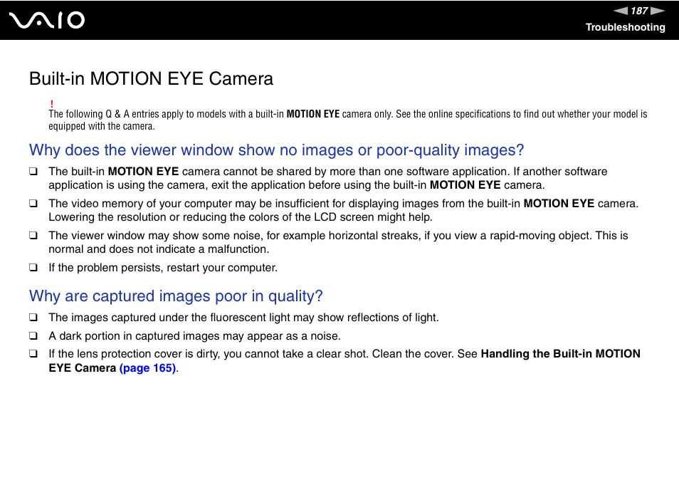 Built-in motion eye camera, Why are captured images poor in quality | Sony VGN-TT190EIN User Manual | Page 187 / 242