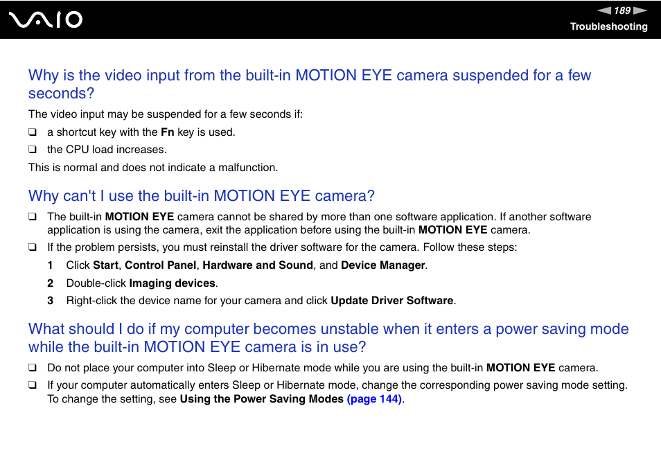 Why can't i use the built-in motion eye camera | Sony VGN-TT190EIN User Manual | Page 189 / 242