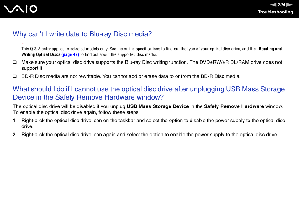 Why can't i write data to blu-ray disc media | Sony VGN-TT190EIN User Manual | Page 204 / 242