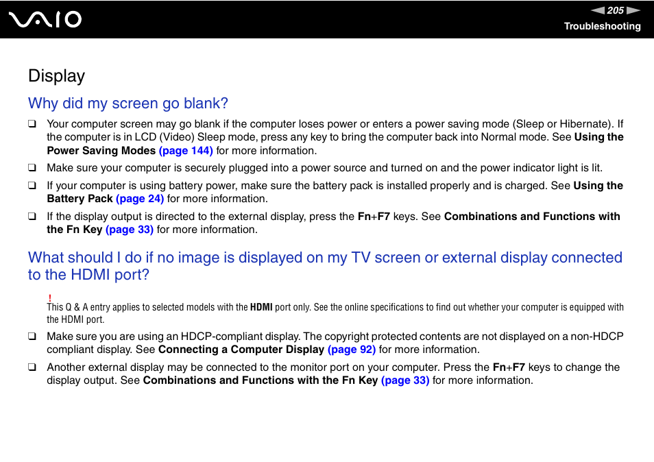 Display, Why did my screen go blank | Sony VGN-TT190EIN User Manual | Page 205 / 242