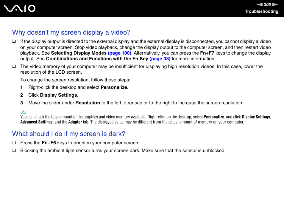 Why doesn't my screen display a video, What should i do if my screen is dark | Sony VGN-TT190EIN User Manual | Page 206 / 242