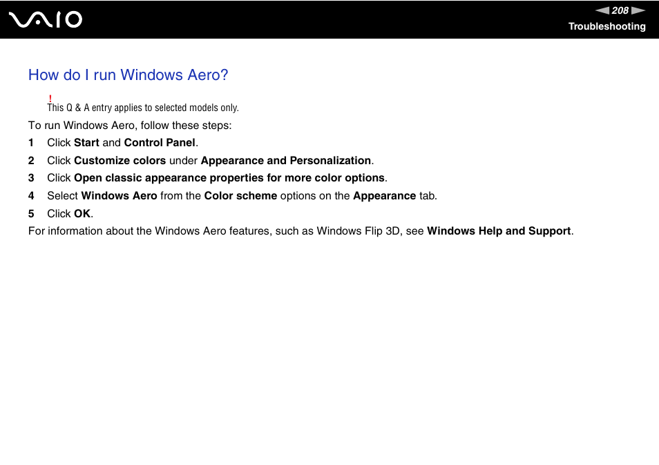 How do i run windows aero | Sony VGN-TT190EIN User Manual | Page 208 / 242