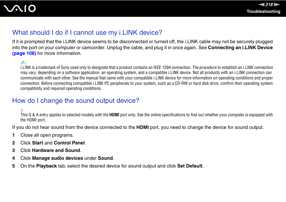 What should i do if i cannot use my i.link device, How do i change the sound output device | Sony VGN-TT190EIN User Manual | Page 218 / 242